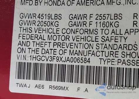 2018 Honda Accord Hybrid Touring from USA, damaged, VIN 1HGCV3F9XJA006584